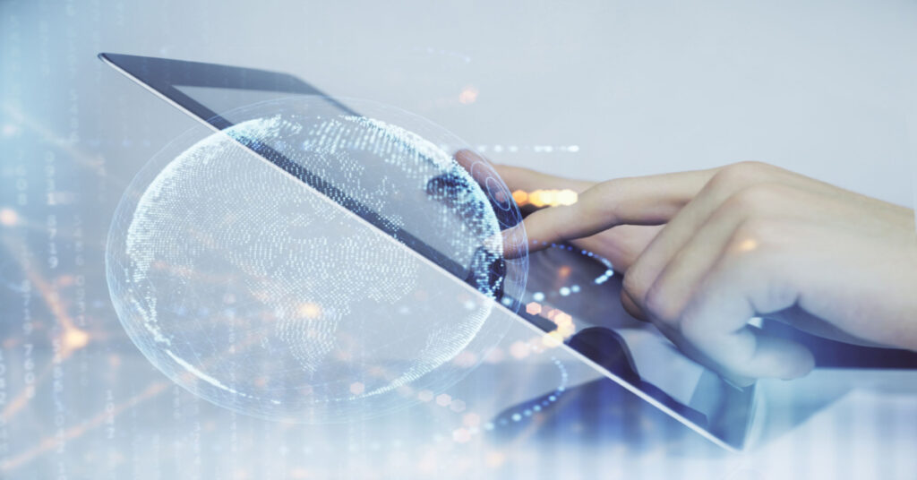 Multi exposure of man's hands holding and using a digital device and map drawing - Digital Transformation