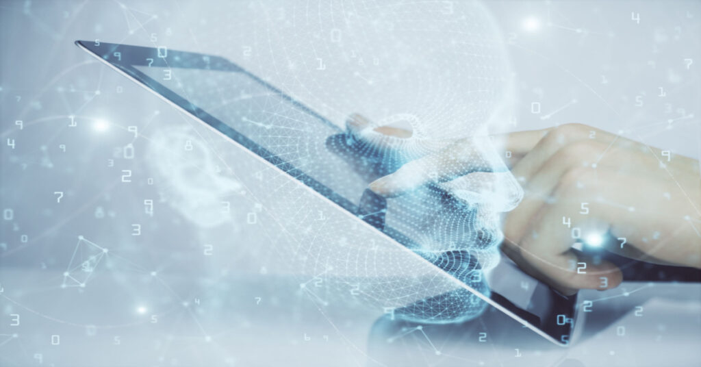 Double exposure of man's hand holding and using a digital device and brain hologram drawing. – Digital Transformation