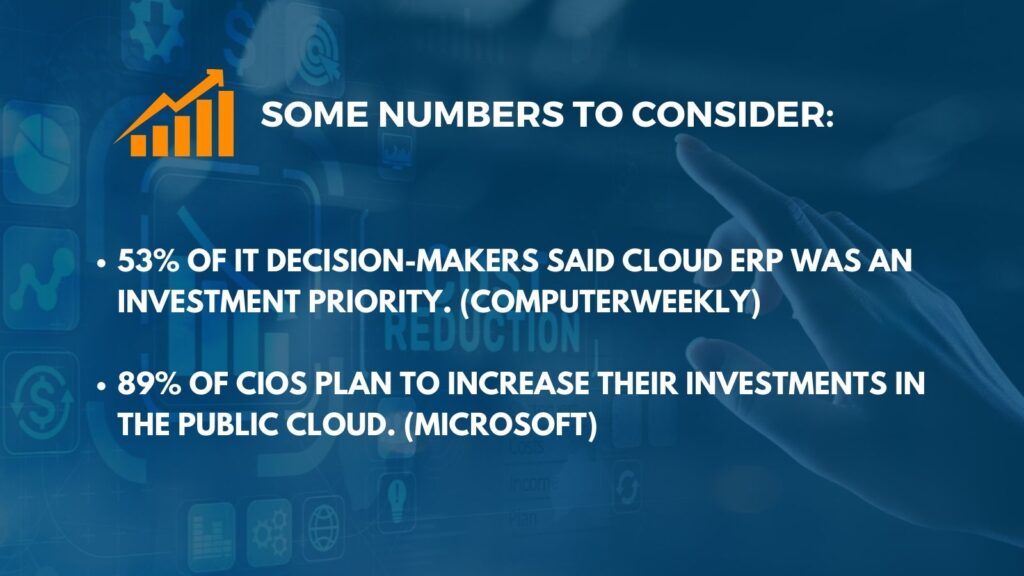 Some numbers to consider:
• 53% of IT decision-makers said Cloud ERP was an investment priority. (ComputerWeekly)
• 89% of CIOs plan to increase their investments in the public cloud. (Microsoft)