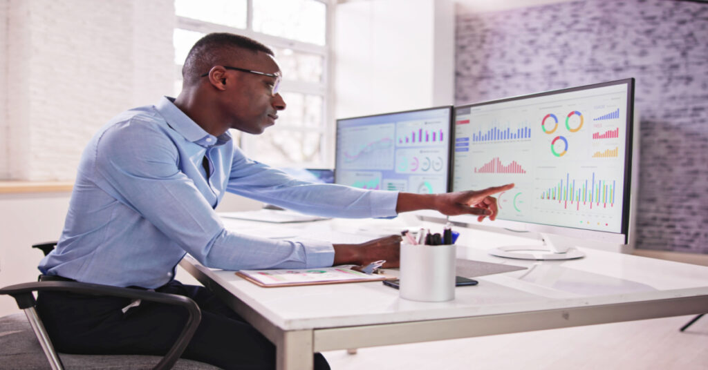 Financial Business Analytics Data Dashboard. Analyst Man