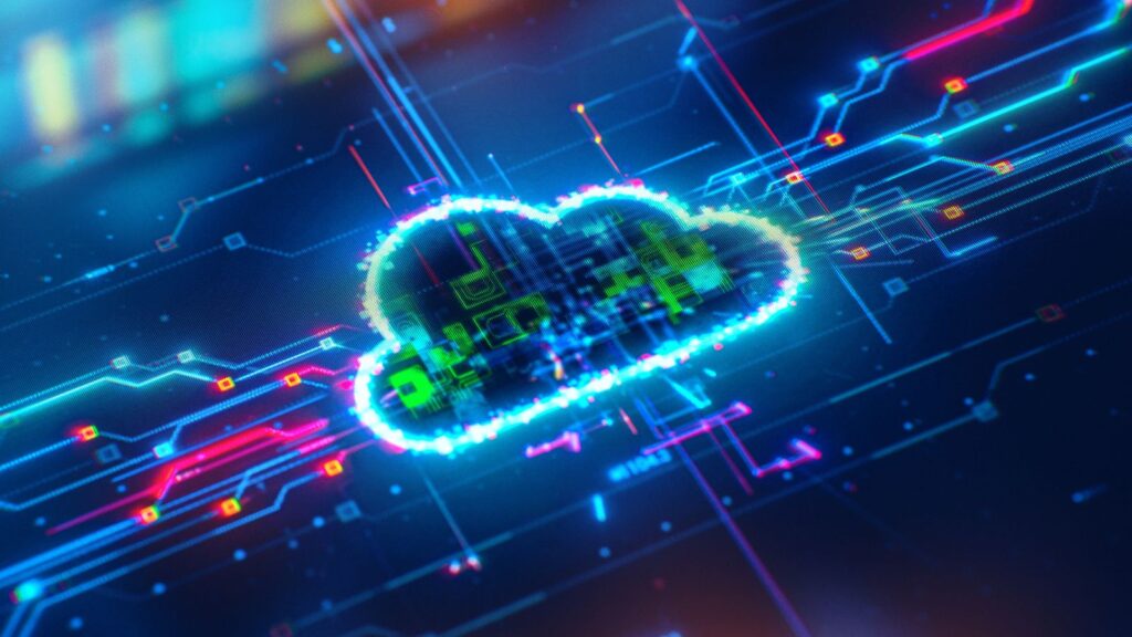 Digital cloud network solution concept with glowing circuit lines and cloud icon representing cloud ERP migration and data transformation.