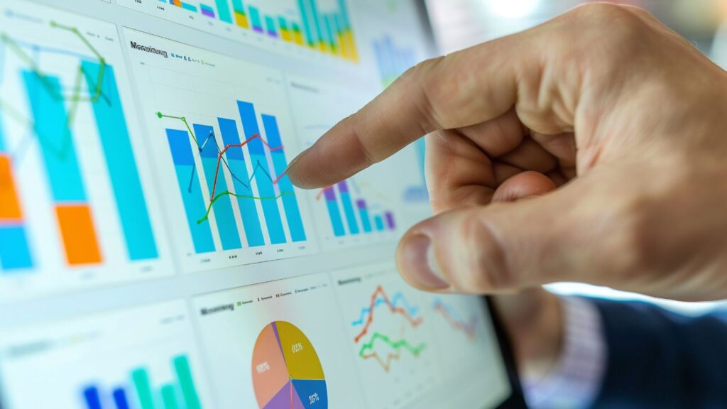 Business intelligence dashboard displaying colorful bar charts, line graphs, and pie charts as a person points to financial analytics data on a touchscreen—demonstrating how data analytics informs strategic decision-making.