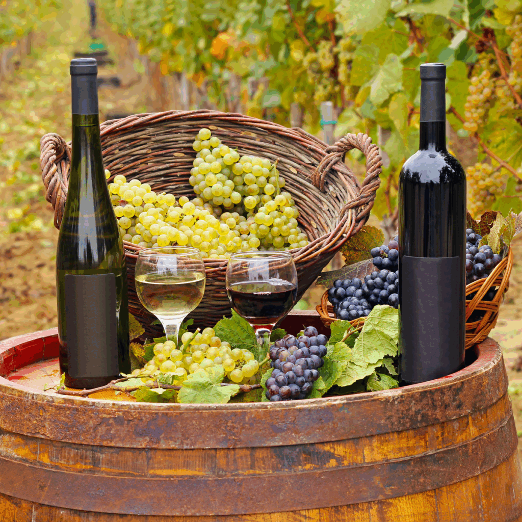 Bottle of wine in a barrel with grapes