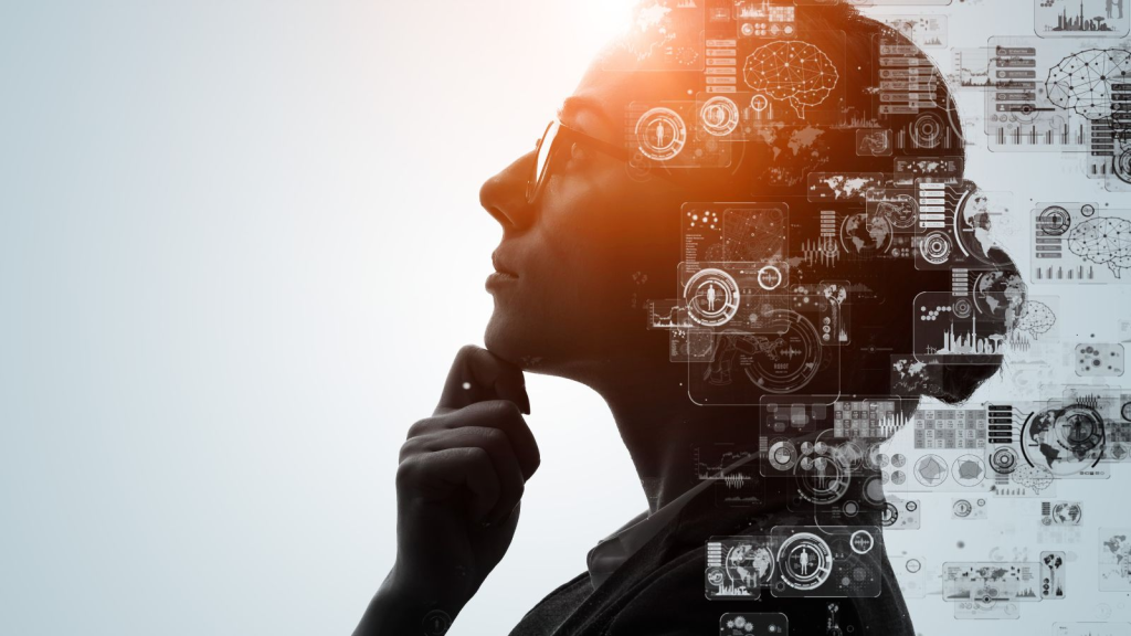 Profile view of a business professional with digital data dashboards, AI interface graphics, and analytics overlays integrated into the silhouette, symbolizing artificial intelligence, data-driven decision-making, predictive analytics, and digital transformation in enterprise ERP systems.