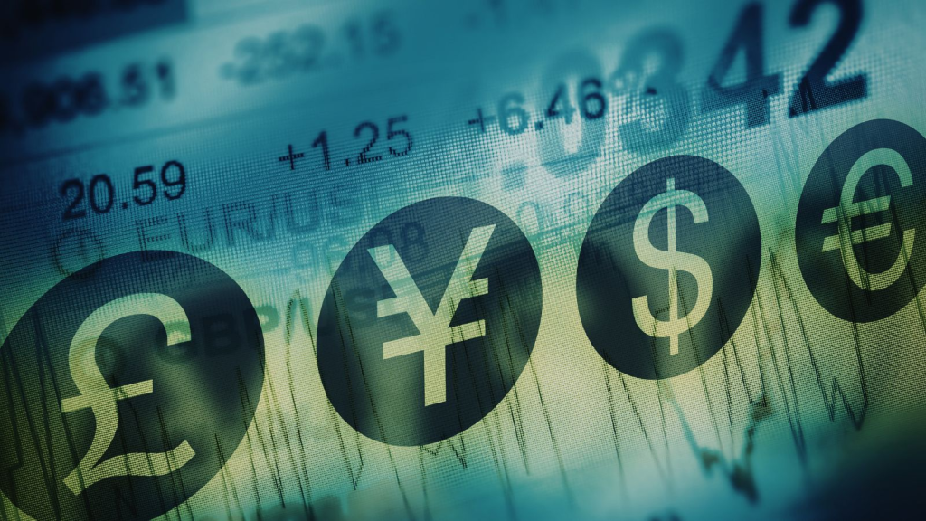 Close-up of global currency symbols including British pound, Japanese yen, US dollar, and euro overlaid on a financial market chart, representing multi-currency exchange rates, global finance, foreign exchange volatility, and international financial reporting.