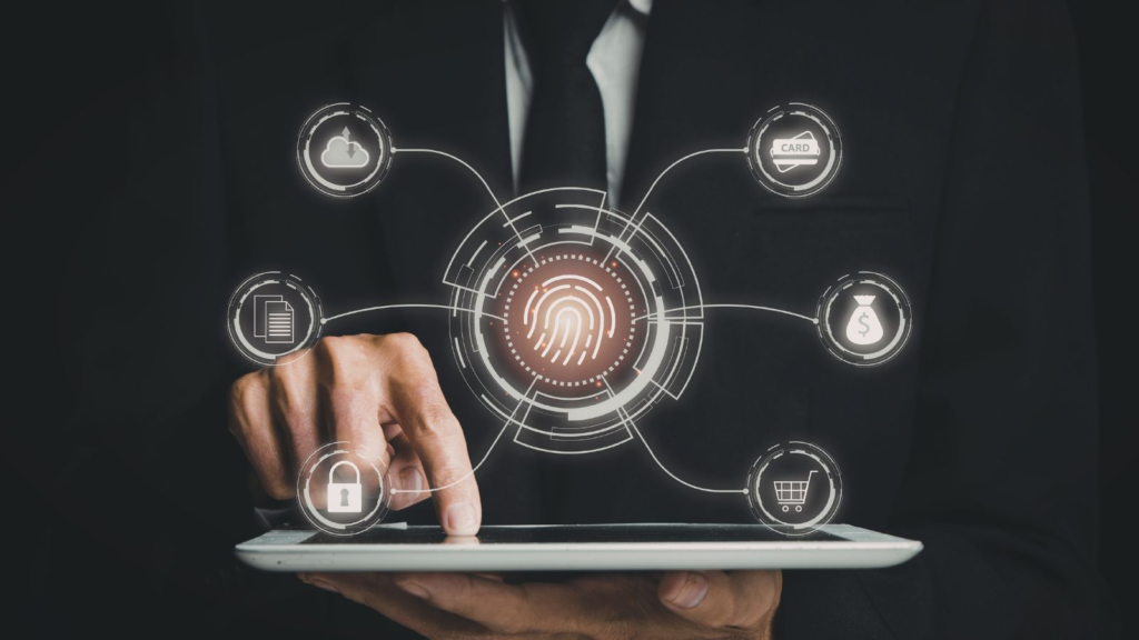 Business professional using tablet with biometric fingerprint interface and connected icons representing secure digital systems and data access