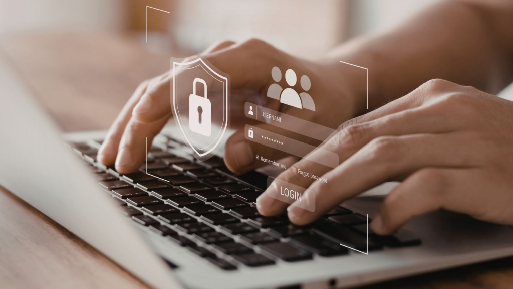 Hands typing on laptop with secure login interface, password entry, and shield icon representing user authentication and data protection