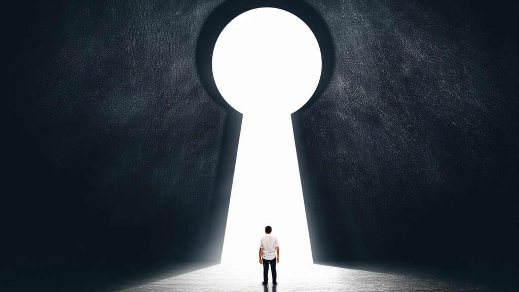 Man standing before a giant keyhole doorway symbolizing access and insight in Dynamics 365 Business Central Wave 1 2026 update