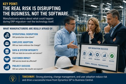 Manufacturing team discusses ERP migration risks, user adoption, and business continuity during Dynamics GP modernization