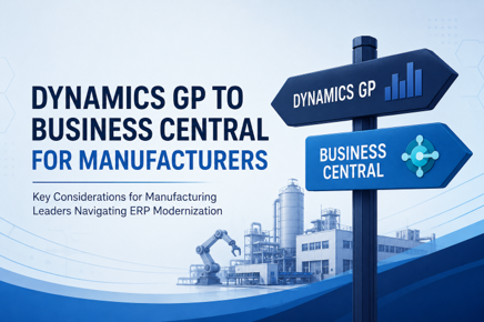 Dynamics GP to Business Central for manufacturers infographic with ERP signpost and factory background.