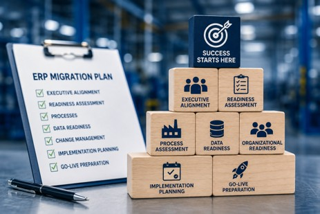 Dynamics GP migration planning framework showing seven ERP readiness stages for a successful Business Central move.